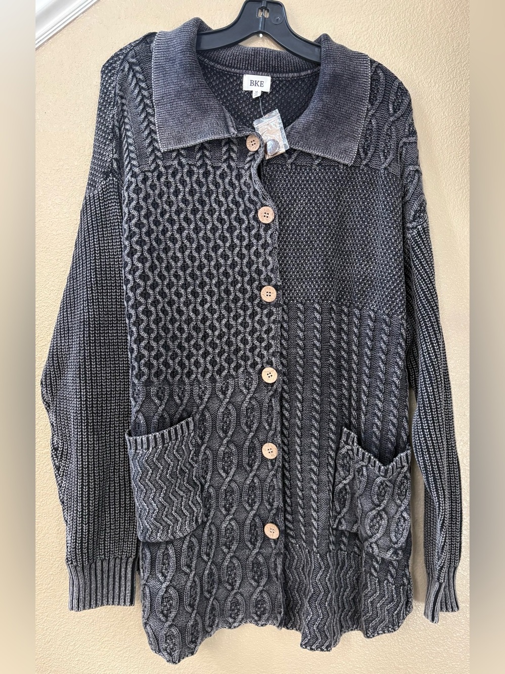 BKE Women's Charcoal Patchwork Knit Cardigan with Collar